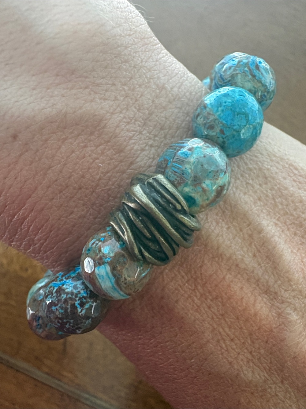 blue calsilica jasper gemstone Beaded Stretch Bracelet Chunky Statement - Picture 6 of 10